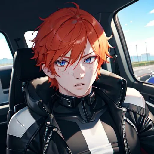 Prompt: Erikku male (short ginger hair, freckles, right eye blue left eye purple) muscular, riding a motorcycle. UHD, 8K, Highly detailed, wearing biker gear, on the freeway, insane detail, best quality, high quality