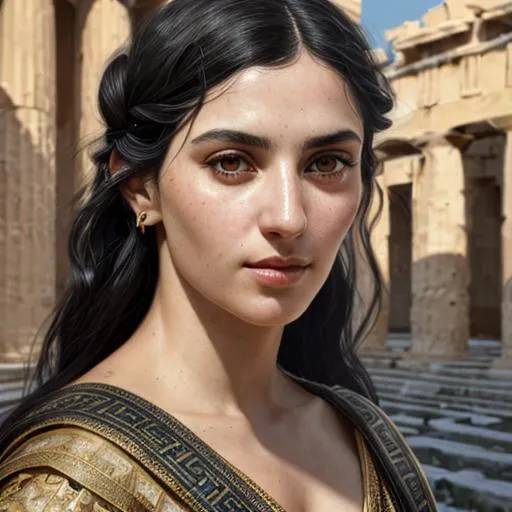 Prompt:  Portrait of a beautiful  Ancient Greek Woman in Athens with Black hair and olive skin with a beautiful face. Dark eyes.  perfect composition, hyperrealistic, super detailed, 8k, high quality, trending art, trending on artstation, sharp focus, studio photo, intricate details, highly detailed, by greg rutkowski