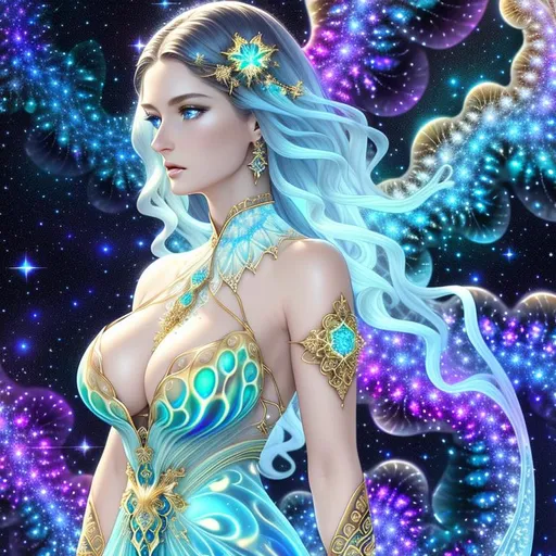Prompt: fractal nebulas sky background, A hyper realistic full body mature woman,  beautiful detailed stunning face, wavy gold balayage hair, blue eyes, white green julia clusters newton rare silky fractal transparent lacy dress with ice details , fair smooth skin , ice intricate details, beautifully lit, highly detailed art, photorealistic, extreme depth of field, stunning imagery,hd 4k