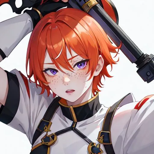 Prompt: Erikku male adult (short ginger hair, freckles, right eye blue left eye purple) UHD, 8K, Highly detailed, insane detail, best quality, high quality, anime style, tired