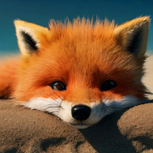 Prompt: an orange fox that looks extremely cute at the beach, photorealistic, close-up, smiling, happy, laying down, long snout, human eyes, green eyes