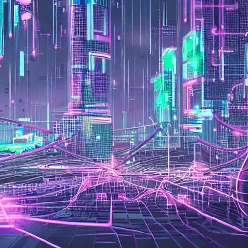 Prompt: a cyber punk city with electrical wire on the ground
