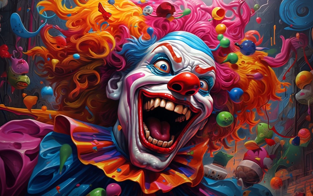 Prompt: an artist's image of a clown painted in bright colors, in the style of hyper-detailed illustrations, iconic pop culture caricatures, animated gifs, aggressive digital illustration, toycore, caricature faces, illusory wallpaper portraits