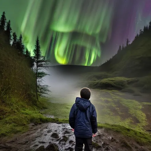 Prompt: Rain, low mist, muddy path, waterfall, northern lights, black boy looking up pointing.