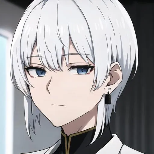 Prompt: Saiko Male (short pure white hair) 8k, UHD, happy, black earrings, 