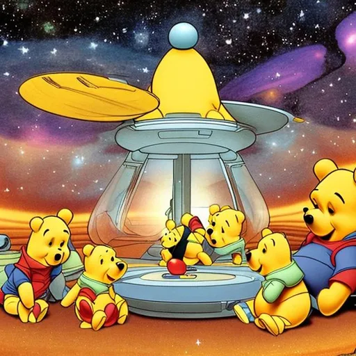 Prompt: Pooh visits the galaxy in a spaceship