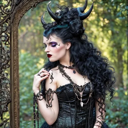 Prompt: gorgeous horned enchantress, victorian, curly hair, glamorous black dress and heels, thorns, Sparkly Jewelry, 