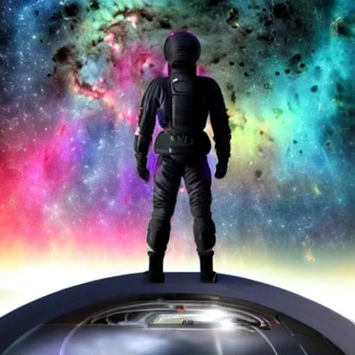 Prompt: Intergalactic warrior standing on the Hull of his fighter space craft overlooking a nebula