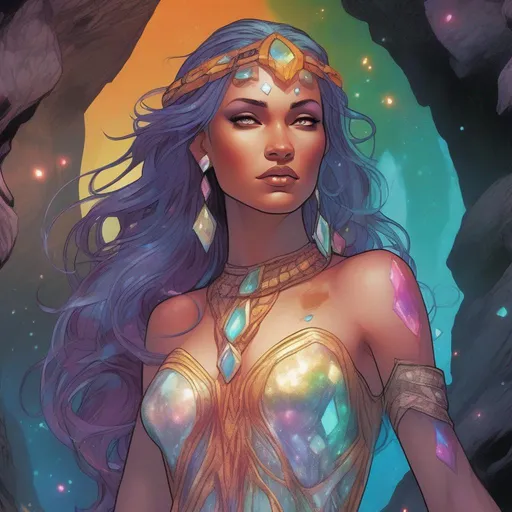 Prompt: A colourful and beautiful Persephone, in a beautiful flowing iridescent dress, with iridescent gems as her hair, with glowing tribal markings on her skin, in a cave. In a marvel comics style.