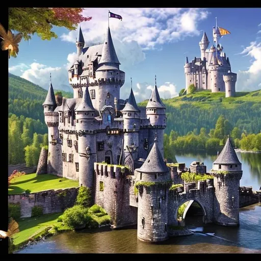 Prompt: Generate a magical picture of a fairy tale castle with a moat and drawbridge.