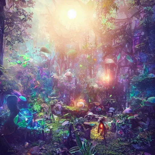Prompt: Arrow stuck through eyeball surrounded by detailed external alarm clocks, fantasy garden of psychodelic mushrooms inside the mind. Artgerm, WLOP, hyperdetailed, triadic colors Unreal Engine 5 volumetric lighting Daz3D 128k