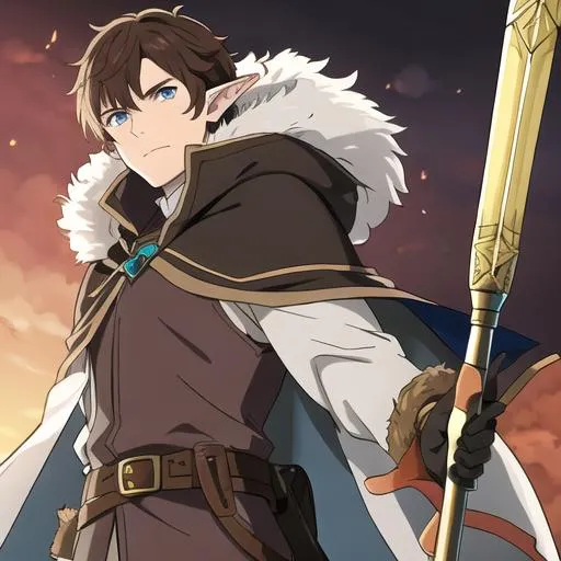 Prompt: dnd 5e ranger hunter, male, brown hair, blue eyes, battle staff, fur cape, elven ears, fabric around nose and mouth as cover