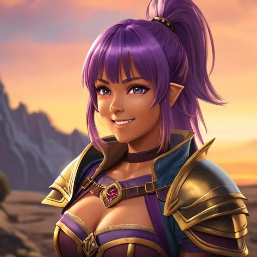 Prompt: oil painting, D&D fantasy, tanned-skinned-gnome girl, tanned-skinned-female, short, beautiful, short bright purple hair, bangs and ponytail hair, smiling, pointed ears, looking at the viewer, Warrior wearing intricate armor outfit, #3238, UHD, hd , 8k eyes, detailed face, big anime dreamy eyes, 8k eyes, intricate details, insanely detailed, masterpiece, cinematic lighting, 8k, complementary colors, golden ratio, octane render, volumetric lighting, unreal 5, artwork, concept art, cover, top model, light on hair colorful glamourous hyperdetailed medieval city background, intricate hyperdetailed breathtaking colorful glamorous scenic view landscape, ultra-fine details, hyper-focused, deep colors, dramatic lighting, ambient lighting god rays, flowers, garden | by sakimi chan, artgerm, wlop, pixiv, tumblr, instagram, deviantart