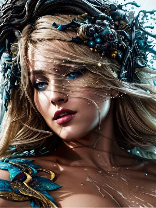 Prompt: Splash art, blond girl  Werwolf head full body, front, ((white background)), wearing body accessories, epic Instagram, Art Station, splash style of dark fractal paint, contour, hyper detailed intricately detailed , unreal engine, fantastical, intricate detail, splash screen, complementary colors, fantasy concept art, 8k resolution, deviant Art masterpiece, oil painting, heavy strokes, paint dripping, splash arts, ultra details