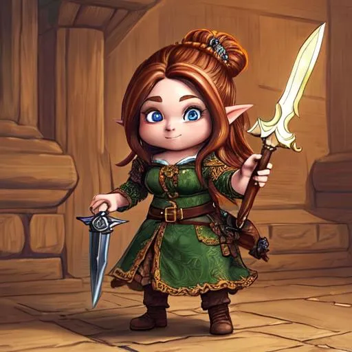 Prompt: Highly detailed full, body illustration of a beautiful, female, gnome rogue with flowing, brown hair. She is carrying a highly detailed dagger and wearing a floor length detailed cloth dress  realistic
