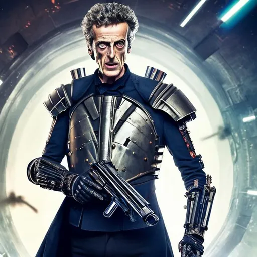 Prompt:  Peter Capaldi shouting angrily wearing an armored futuristic scifi military uniform and holding an advanced exotic shotgun in full color