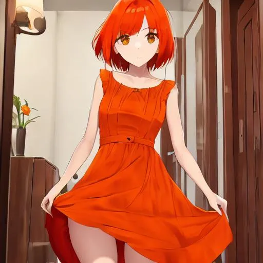 Prompt: girl with orange short hairs orange hairs  buetiful orange dress