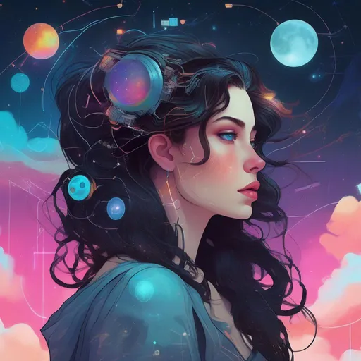 Prompt: A colourful and beautiful Persephone as a cyberpunk woman with brunette hair with clouds for hair and circuits in her hair in a painted Disney style framed by constellations and the moon