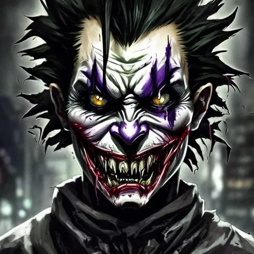 Prompt: Nightmare fuel. Black, khaki and dark purple joker fused with deku. Face scars. Sharp teeth. Tattoos. Muscular. Accurate. realistic. evil eyes. Slow exposure. Detailed. Dirty. Dark and gritty. Post-apocalyptic Neo Tokyo. Futuristic. Shadows. Sinister. Armed. Fanatic. Intense. 