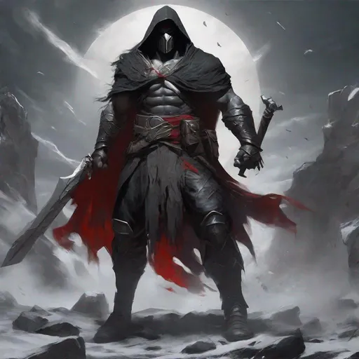Prompt: Tall, Intimidating, Large, male, Solomon Grundy/goliath DnD build, black hair,  very dark grey scarred skin, covered in bandages, dark tattered cloth armor exposes his midriff, hood of magical darkness mask like Xûr, Agent of the Nine in destiny, large red gem between pecs in chest, Path of the Zealot Barbarian, Strong, wielding large two-handed great-axe, Fantasy setting, D&D