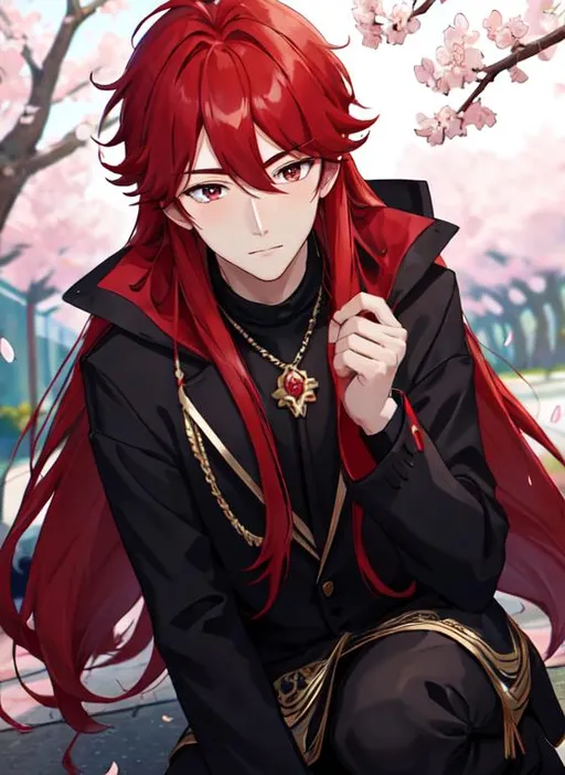 Prompt: Zerif 1male (Red side-swept hair covering his right eye) 8K, UHD, best quality, under the cherryblossom trees, wearing a casual outfit, red hair, on one knee proposing, holding a bouquet of flowers, blushing, looking away nervously