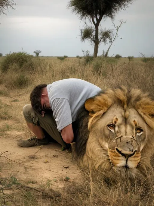 Prompt: person hiding from lion
