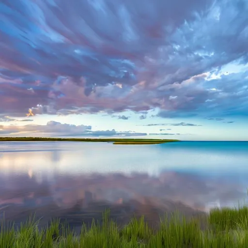 Prompt: long shot scenic professional photograph of a calm bay with marshy beaches, bright blue skys, white puffy clouds, sun reflecting off of slightly wavy water, perfect viewpoint, highly detailed galaxy background, wide-angle lens, hyper realistic, with dramatic sky, polarizing filter, natural lighting, vivid colors, everything in sharp focus, HDR, UHD, 64K, soft colors, natural colors, SF, 