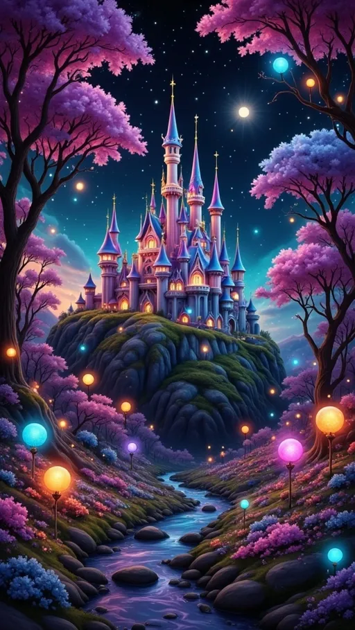 Prompt: A majestic castle rises against a backdrop of vibrant flora, illuminated by an enchanting glow that highlights its spires and turrets. The structure, adorned in hues of purple and blue, stands gracefully atop rugged rocks that lead down to a winding stream, where softly glowing flowers bloom in an array of colors. Surrounding the castle, a mystical forest of luminescent trees creates an ethereal atmosphere, while twinkling stars punctuate the deep night sky. The scene exudes a dreamlike quality, inviting viewers into a fantastical world where nature and magic intertwine, with a sense of wonder and adventure looming in the air.