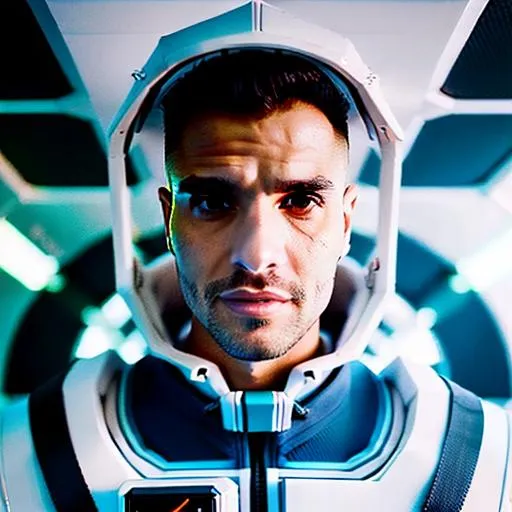 Prompt: Aziz Beishenaliev is a futuristic civil servant dressed in a Space-1999-inspired business suit on a space station. photorealistic, accurate face
