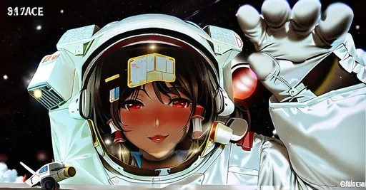 Prompt: Reimu Hakurei of the Touhou Project will wear a NASA space suit for an extra-vehicular activity mission.