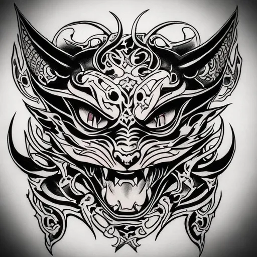 Prompt: Demon cat in the black work style of tattooing
