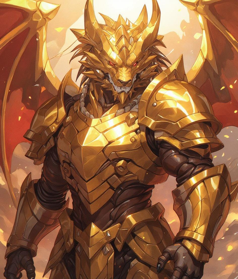gold dragonborn with armor and wings