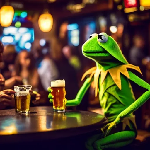 Prompt: Kermit the frog drinking beer in the bar with friends