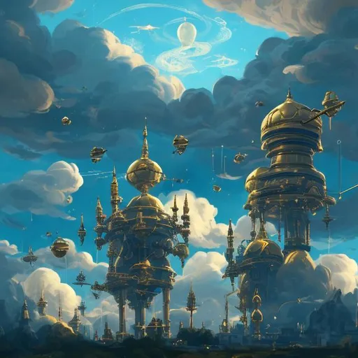 Prompt: Sky laboratory with golden clouds and flying robots with spires in the distance