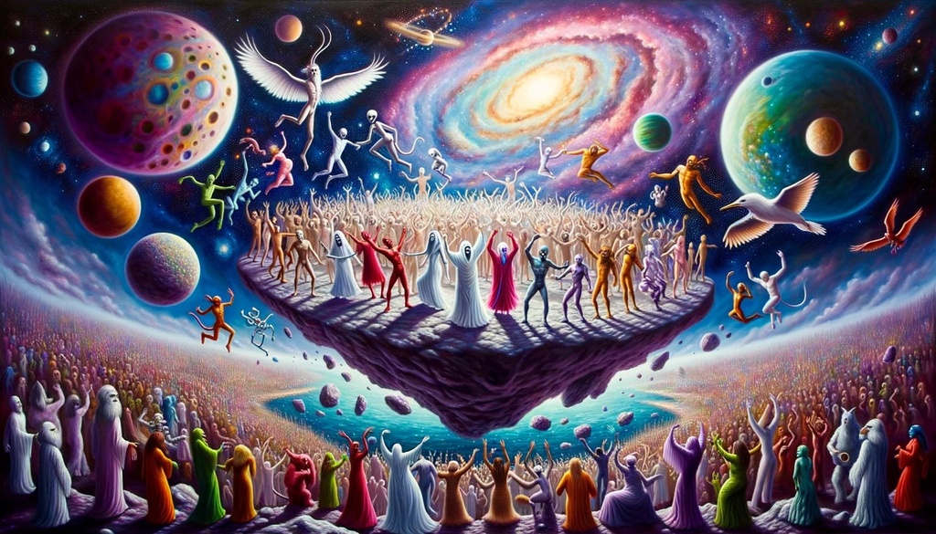 Prompt: Oil painting illustrating a celestial dance party with beings of various descents joyfully celebrating on a floating asteroid, with a vibrant galaxy serving as the backdrop.