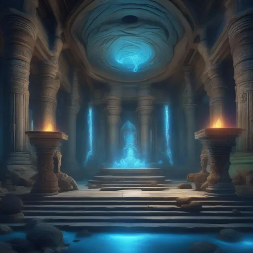 Prompt: "Capture the essence of mysticism in a forgotten temple devoted to the mighty D&D giant gods. Envision a scene where a tranquil, empty temple hall is adorned with massive stone pillars, worn by time. At the center, an intricately carved altar stands, surrounded by offerings left by devout giants. A soft, ethereal blue light radiates from a floating spirit orb oracle just above the altar, casting gentle glows on the surroundings. The orb exudes an otherworldly aura, its wisps of energy intertwining with the ancient stone carvings, conveying a connection between mortals and the divine. The temple's silence echoes with reverence, as if the spirits of giants linger in the air, waiting to share their wisdom with those who seek it."