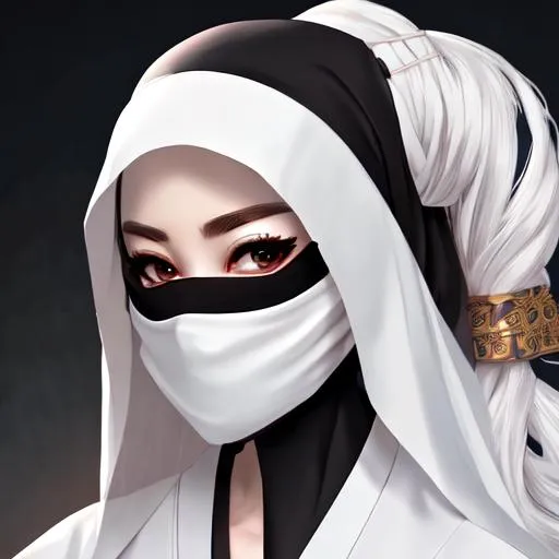 Prompt: high detail, a woman wearing kimono, hair covered with a white niqab lighting soft skin, detailed face, digital art full body shot, looking at camera