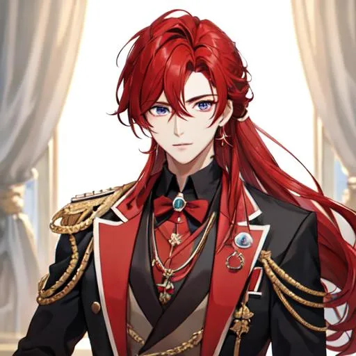 Prompt: Zerif 1male (Red side-swept hair covering his right eye) wearing a royal suit