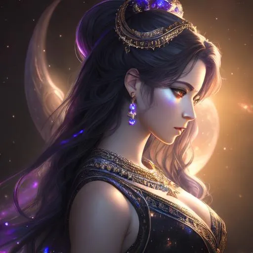 Prompt: Scorpio horoscope goddess, Full HD render, space void, galaxy background, nebula background, universe background, + immense detail + dramatic lighting + well lit + black, character sheet, + fine esoteric symbolism | ultra - detailed realism, soft cinematic lighting, high - quality, engraved | highly detailed |digital painting, artstation, concept art, smooth, sharp focus, Nostalgic, ethereal, 8k, hyper detailed, intricate detail, photorealistic, Beautiful woman with flowing dark hair wearing scorpion tail crown, cast in dark shadow, side view, looking away from camera