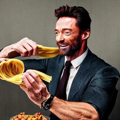 Prompt: hugh jackman eating pasta