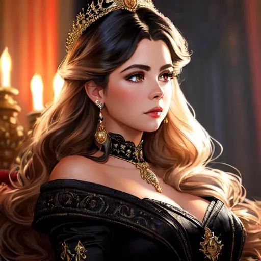 Prompt: a realistic lying down feminine elegant queen mix of Madisson Beer and Ashley Benson at a bal, with a black lace dress, jewelry set balayage wild hair, royal vibe, highly detailed, digital painting, Trending on artstation , HD quality, by artgerm and greg rutkowski and alphonse mucha, dramatic light
with black hair and red eyes
