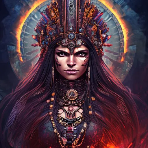Prompt: aztec queen, ruler, crown, light, dawn, blood, intense, fierce expression, calm, smirk, fit woman, long black straight hair, colorful background,  sun, glowing eyes, side view, queen, anime, detailed, steampunk, fullbody, walking pose, weapons, 8k, 4K