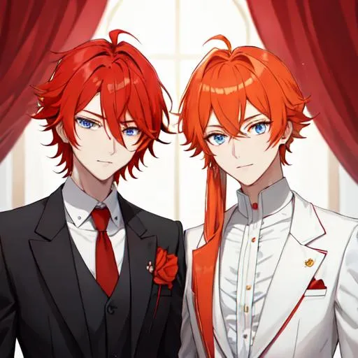 Prompt: Zerif 1male (Red side-swept hair covering his right eye) and Erikku 1male (orange hair, blue eyes) wearing suits at a wedding