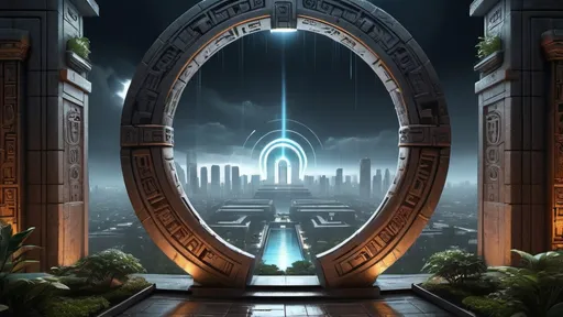 Prompt: magical portal between cities realms worlds kingdoms, circular portal, ring standing on edge, upright ring, freestanding ring, hieroglyphs on ring, complete ring, ancient aztec architecture, zigurat, gardens, hotels, office buildings, shopping malls, large wide-open city plaza, panoramic view, dark night, rain, futuristic cyberpunk tech-noir setting, elevated view