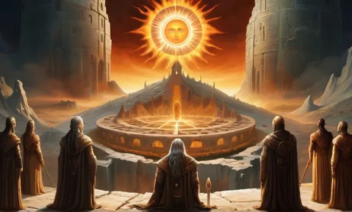 Prompt: in the foreground are the ancient people Hyperboreans, who possessed secret knowledge and worshiped the sun god, in the background a view of Hyperborea