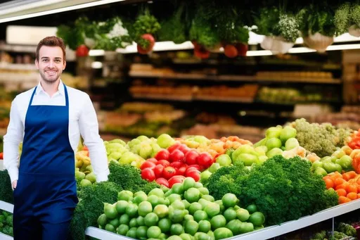 Prompt: European white young store owner of a greengrocer who is busy in his shop, modern style, modern architecture, photorealistic, cinematic, urban, stylish, glamour