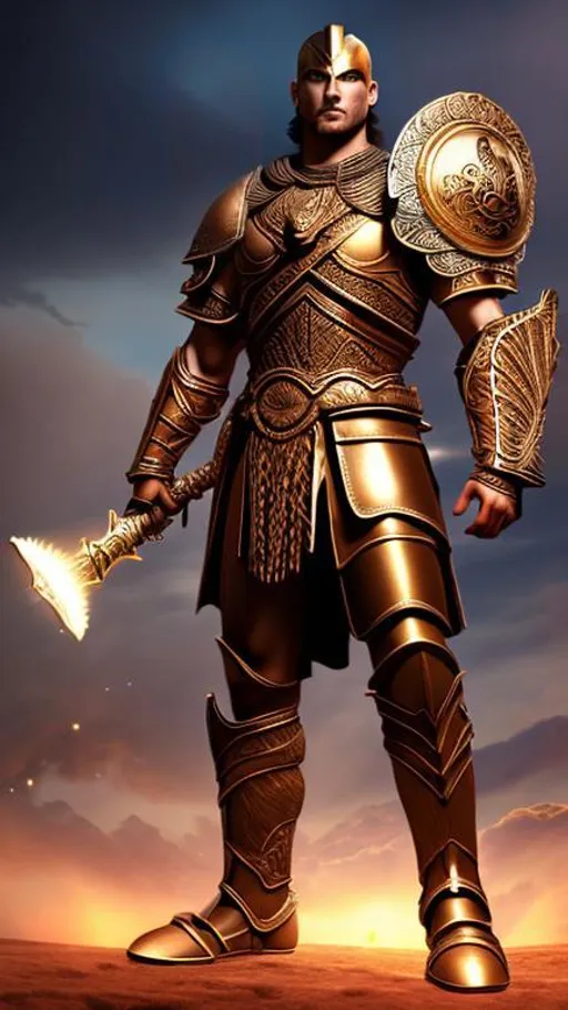 Prompt: Greek God Mars, god of war, in Trojan shining bronze armour, raised broad sword, shield in front of body, breastplate, slim muscular physique, full body length, attacking pose, night lighting, galaxy sky background, high resolution, 4K