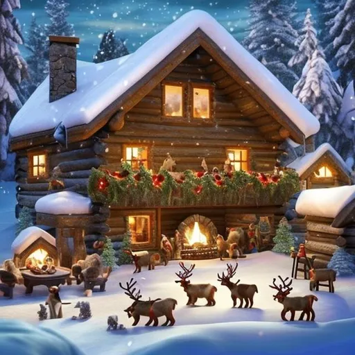 Prompt: 
Holiday Homecoming: "Show a cozy winter cabin scene with various animals (reindeer, penguins, polar bears, and elves) gathering together. Each of them carries an item that represents the LGBTQ+ community, like rainbow ornaments, pride flags, or pins. The cabin should have a warm glow, and there should be a sense of togetherness and acceptance