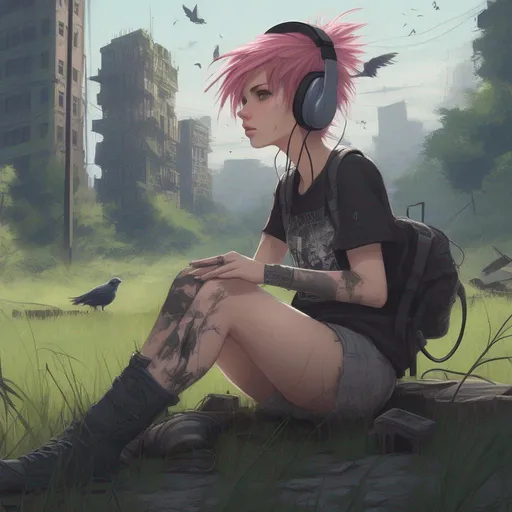 Prompt: Masterpiece, 64k, Highly Detailed, Punk Girl, Headphones, Anime, Dystopia, Cityscape, Ruins, Post-Apocalyptic, Forest, Grass, Few birds in the background