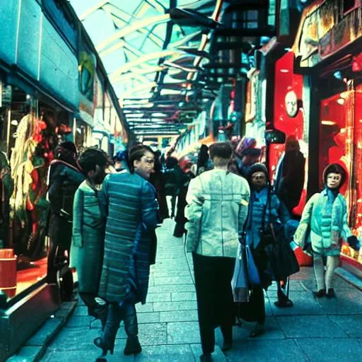 Prompt: street photograph of people shopping in london city in the cyberpunk future dystopia 3000 , photographed on colour film, photo taken with ektachrome, featured on shutterstock 